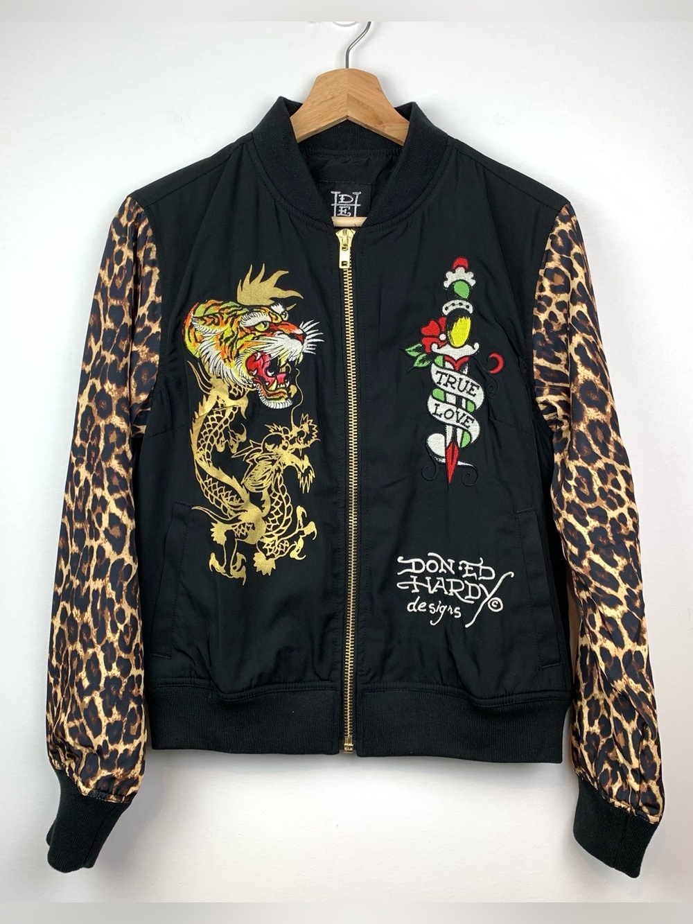 Don Ed Hardy Designs Jacket Bomber Black Tiger Dragon Dagger Sz Medium Leopard